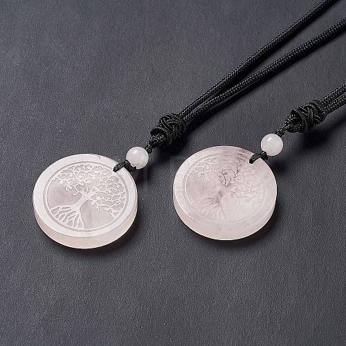 Natural Rose Quartz Flat Round with Tree of Life Pendant Necklace with Nylon Cord for Women NJEW-P274-03-06-1