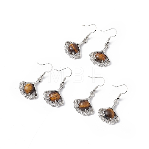 Natural Tiger Eye Ginkgo Leaf Dangle Earrings with Crystal Rhinestone EJEW-A092-03P-08-1