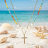 Summer Beach Rainbow Natural Mixed Stone and White Shell Heart Beaded Double Layer Necklaces with Stainless Steel Religion Cross Pendant EX6128-1-2