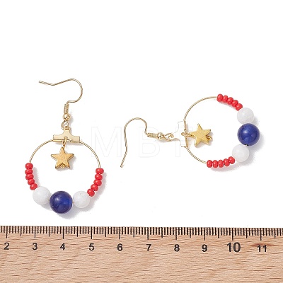 Independence Day 3 Pairs 3 Styles Natural Mashan Jade & Natural Carnelian & Natural White Jade & Natural Yellow Jade & Natural Malaysia Jade & Glass Seed Beaded & Brass Dangle Earrings EJEW-MZ00720-1