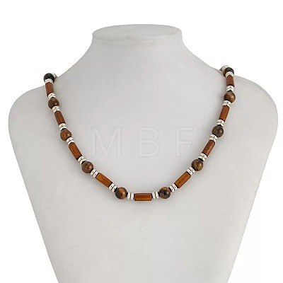 Adjustable Vintage Bohemian Men's Round Natural Tiger Eye and Column Wood Beaded Necklaces HA1225-1