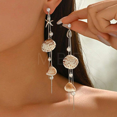 Shell Shape & Starfish 304 Stainless Steel Tassel Stud Dangle Earrings FS-WGDFBF8-02-1