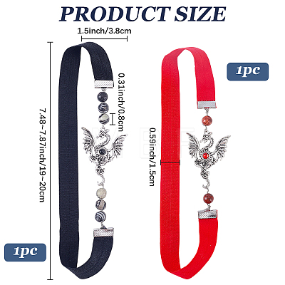 2Pcs 2 Styles Natural Red Jasper with Natural Black Silk Stone Bead Elastic Bookmark AJEW-BM0001-53-1