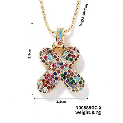 Brass Pave Colorful Cubic Zirconia Letter Pendant Box Chain Necklaces NU0575-24-1