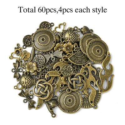 60Pcs 15 Styles Tibetan Style Alloy Connector Charms FIND-YW0005-19-1