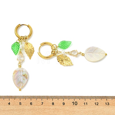 Leaf Natural Freshwater Shell & Teardrop Glass Dangle Earrings EJEW-JE07148-1
