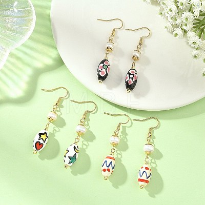 Printed Handmade Porcelain & Natural Freshwater Pearl Dangle Earrings EJEW-JE07374-1