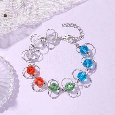 Copper Wire Wrapped Colorful Faceted Glass Round Bead Link Bracelets for Women BJEW-JB10320-1