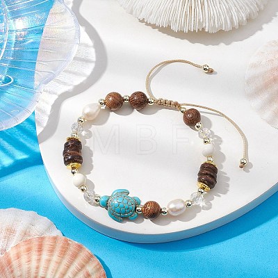 Adjustable Dyed Synthetic Turquoise & Coconut & Wood & Pearl Braided Bead Bracelets BJEW-JB10723-02-1