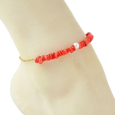Natural Dyed Freshwater Shell Nuggets Beaded 304 Stainless Steel Cable Chain Anklets for Women AJEW-AN00827-01-1