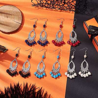 Halloween Skull Dyed Synthetic Turquoise & Alloy Dangle Earrings EJEW-JE05890-1