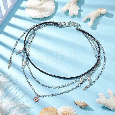 Summer 304 Stainless Steel Figaro Chain & Braided Leather Cord Chain Belts NJEW-C00034-1