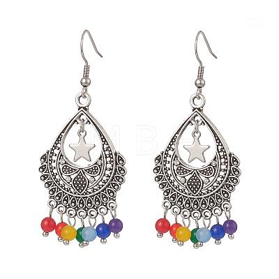 Dyed Natural Malaysia Round Beaded Alloy Teardrop Chandelier Earrings EJEW-JE05205-1
