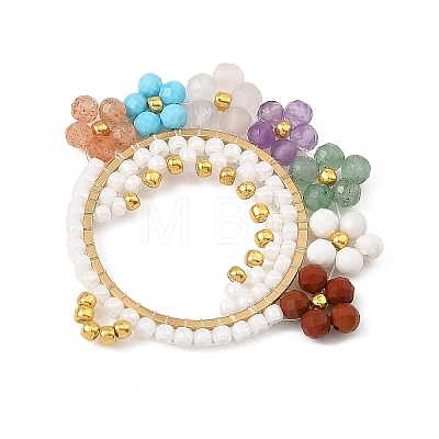 Faceted Round Natural Amethyst & Green Aventurine & Red Jasper & Howlit & Sunstone & Rose Quartz & Dyed Magnesite & Glass Seed Beaded Chakra Pendants PALLOY-MZ01406-1