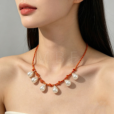 Imitation Pearl Teardrop Tassel Adjustable Braided Cotton Cord Necklaces for Women WGB1457-02-1
