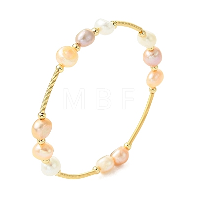 Nuggets Natural Cultured Freshwater Pearl & Brass Beaded Bangles BJEW-JB13979-1