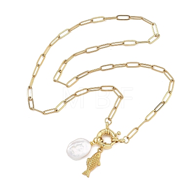 Ocean 304 Stainless Steel Fish and Natural Baroque Keshi Pearl Coin Bead Pendant Paperclip Chain Necklaces for Women NJEW-JN06327-1