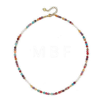 Natural Agate(Dyed & Heated) Faceted Round & White Round Shell Pearl Beaded Necklaces NJEW-JN06548-1