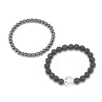 2Pcs 2 Style Natural Lava Rock & Synthetic Hematite Round Beaded Stretch Bracelets Set with Alloy Peace Sign BJEW-JB08311-1