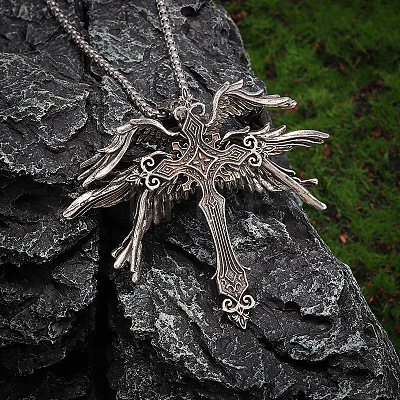 Tibetan Style Alloy Angel Wings Cross Pendant Necklaces FS-WG1EE03-01-1