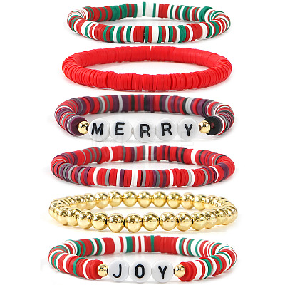 6Pcs 6 Styles Christmas Theme Polymer Clay Heishi Beads Stretch Bracelets & Brass Round Beads Stretch Bracelets Set BJ5719-1-1