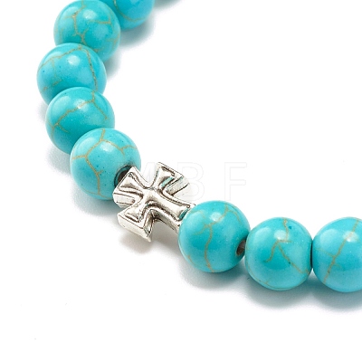 Round Synthetic Turquoise & Natural Lava Rock Stretch Bracelet BJEW-JB07470-03-1