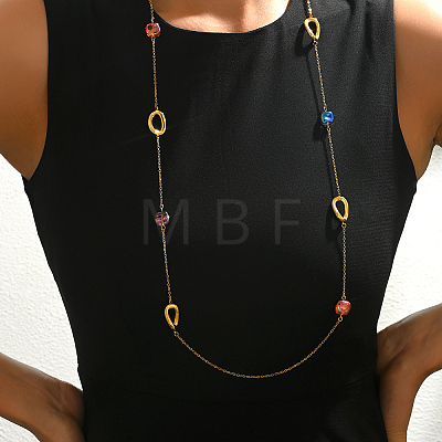 French Stainless Ssteel Twisted Oval with Colorful Glass Beads Long Link Chain Necklaces for Women XI4819-1