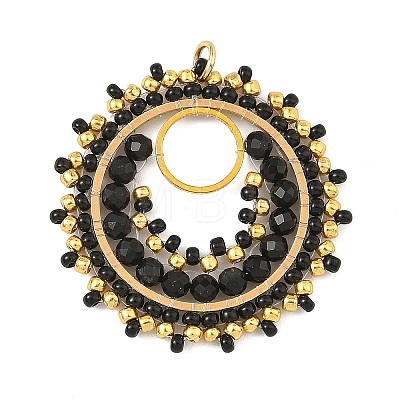 304 Stainless Steel & Brass & Dyed & Heated Natural Black Onyx & TOHO Glass Seed Beaded Pendants PALLOY-MZ01379-03-1