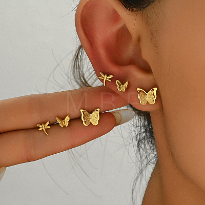 3 Pairs Fashionable 201 Stainless Steel Butterfly & Dragonfly Stud Earrings VU6612-1