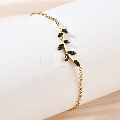304 Stainless Steel Rhinestone Leaf Link Bracelets SA-CBA5F76-03G-02-1
