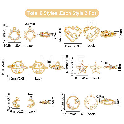 12Pcs 6 Styles Brass Cubic Zirconia Charms KK-SC0001-97G-1