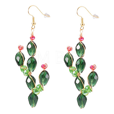 Brass Glass Cactus Dangle Earrings EJEW-TADJ00001-1