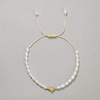Synthetic Non-magnetic Hematite Cross Imitation Pearl Beaded Braided Bracelets for Women DB0694-5-1