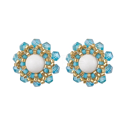 Flower Glass Seed Beaded with Natural Mashan Jade Stud Earrings for Women EJEW-MZ00208-01-1