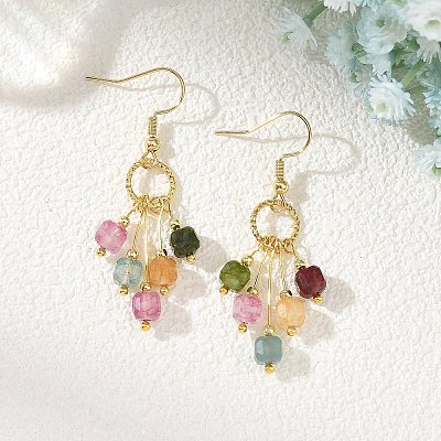 Natural Multicolor Tourmaline  Beads Tassel Dangle Earrings. with 304 Stainless Steel Earring Hooks EJEW-JE07340-1