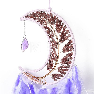 Natural Strawberry Quartz Chips Beaded Tree of Life Moon with Feather Pendant Decorations HJEW-M004-06-1
