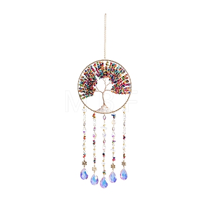 Copper Wire Wrapped Tree of Life Plastic Imitation Stone Beads Suncatchers HJEW-F027-11-1