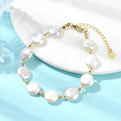 Natural Keshi Pearl Flat Round Beaded Bracelets for Women BJEW-JB13621-1