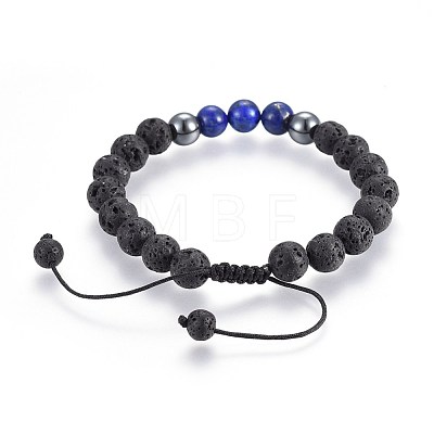 Natural Lava Rock and Non-Magnetic Synthetic Hematite Beads Braided Bead Bracelets BJEW-JB03975-02-1