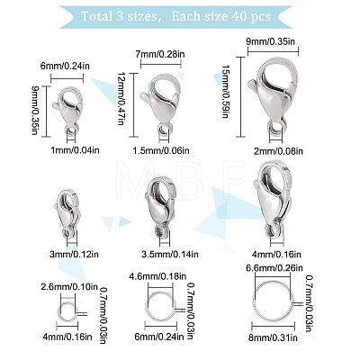 120Pcs 3 Styles 304 Stainless Steel Lobster Claw Clasps with 120Pcs 3 Styles Open Jump Rings STAS-SC0004-88-1