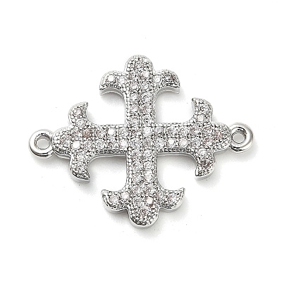 Brass Micro Pave Clear Cubic Zirconia Cross Fleury Connector Charms KK-L229-075P-1