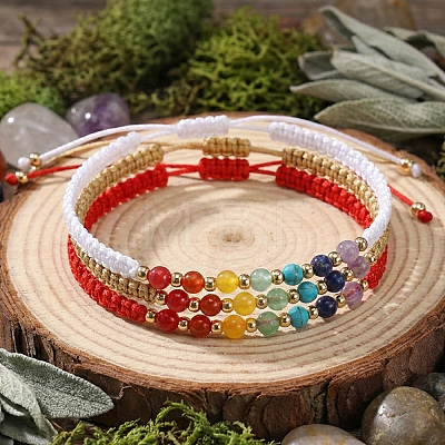 3Pcs Adjustable Chakra Natural & Synthetic Mixed Stone Round Bead Braided Bracelet Sets ZZ4943-8-1