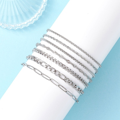 7Pcs 304 Stainless Steel Figaro Chains & Venetian Chains & Water Wave Chains & Cable Chains & Rolo Chains & Bracelets for Women BJEW-JB12773-1