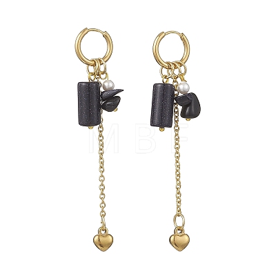 304 Stainless Steel Blue Goldstone Heart Tassel Hoop Earrings EJEW-JE06731-01-1
