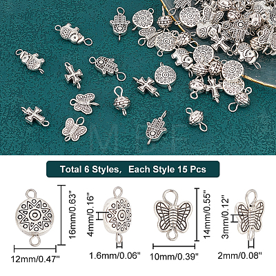 90Pcs 6 Styles Tibetan Style Alloy Connector Charms FIND-AR0003-28-1