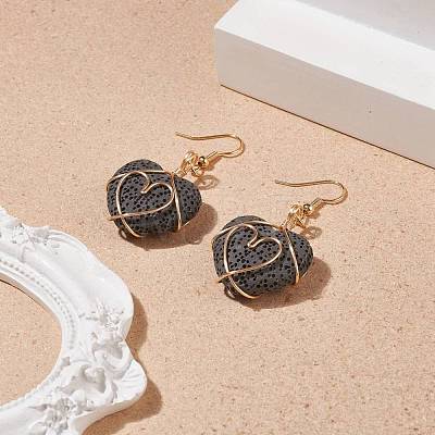 Heart Natural Lava Rock Dangle Earrings for Women EJEW-JE04973-1