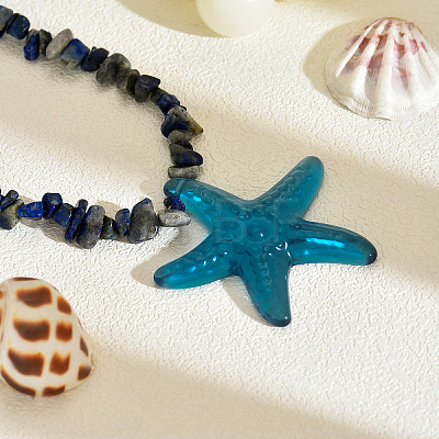 Bohemian Summer Beach Resin Starfish Pendant Natural Sodalite Chip Beaded Necklaces WGA12D3-01-1