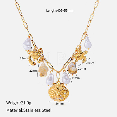 Summer Beach 304 Stainless Steel & Resin & Imitation Pearl Multi Pendant Bib Necklaces WG24D18-01-1