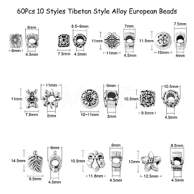 60Pcs 10 Styles Tibetan Style Alloy European Beads TIBE-CJ0001-26-1