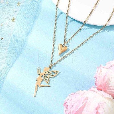 Stainless Steel Fairy and Heart Pendant 304 Stainless Steel Cable Chain Double Layer Necklaces for Women NJEW-JN05810-01-1